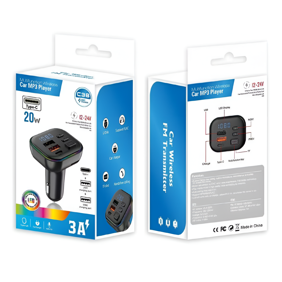 FM Transmitter Αυτοκινήτου Bluetooth με Type-C 20W, USB 3.1A & RGB LED - C38