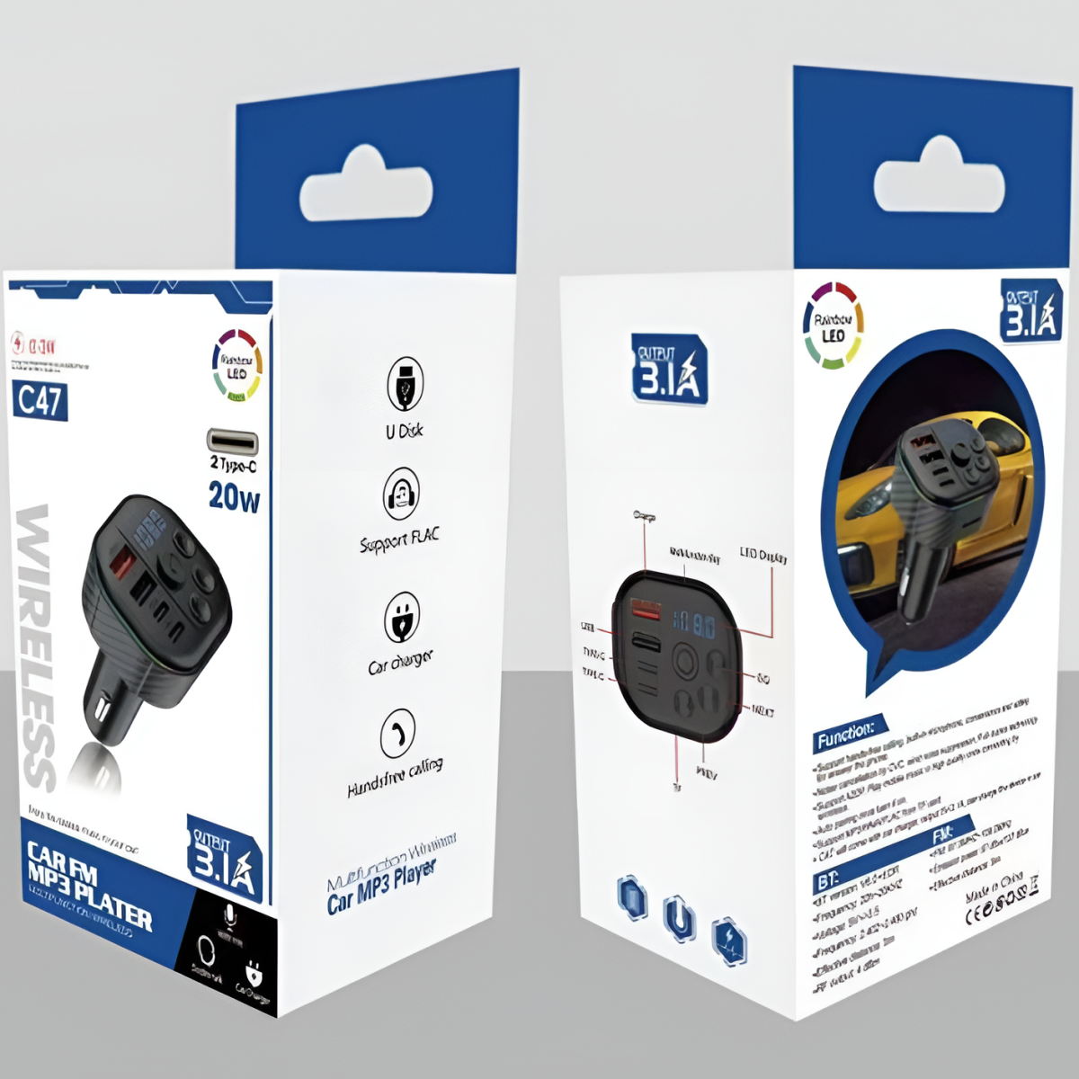 FM Transmitter Αυτοκινήτου Bluetooth με Type-C 20W, USB 3.1A & RGB LED - C47