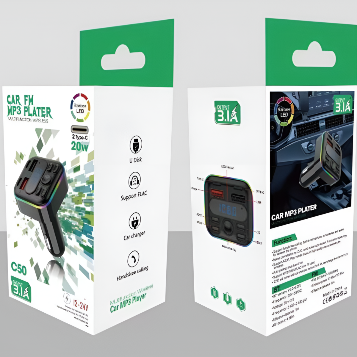 FM Transmitter Αυτοκινήτου Bluetooth με Type-C 20W, USB 3.1A & RGB LED - C50
