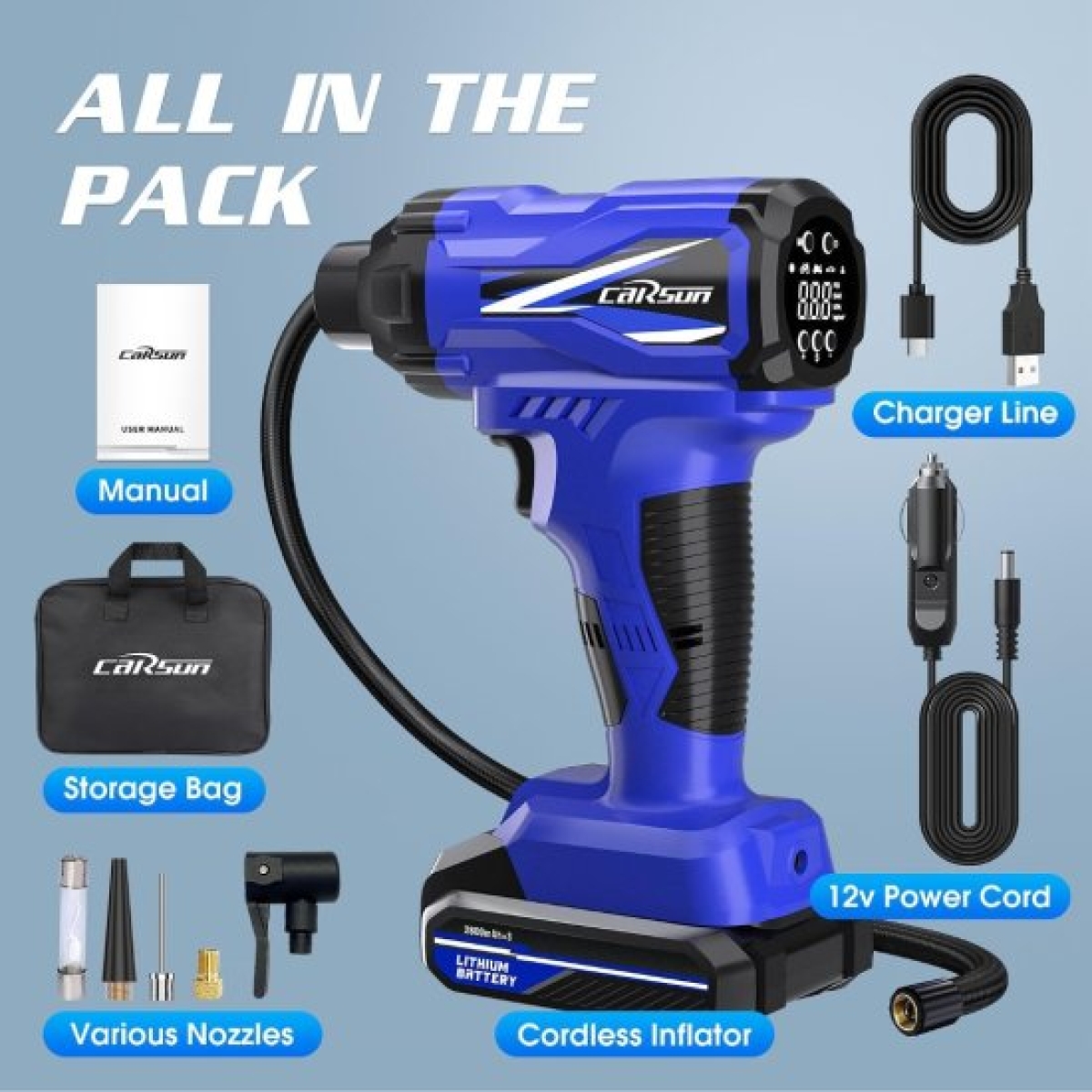 Φορητή Επαναφορτιζόμενη Τρόμπα Αέρα 150PSI με Ψηφιακή Οθόνη Carsun T1811-1S - Image 3
