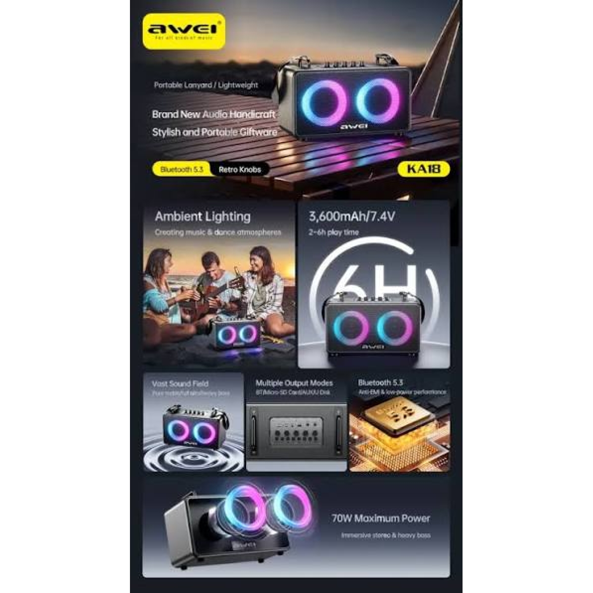 Φορητό Bluetooth Ηχείο 70W Bluetooth 5.3 Μαύρο Awei KA18 - Image 5