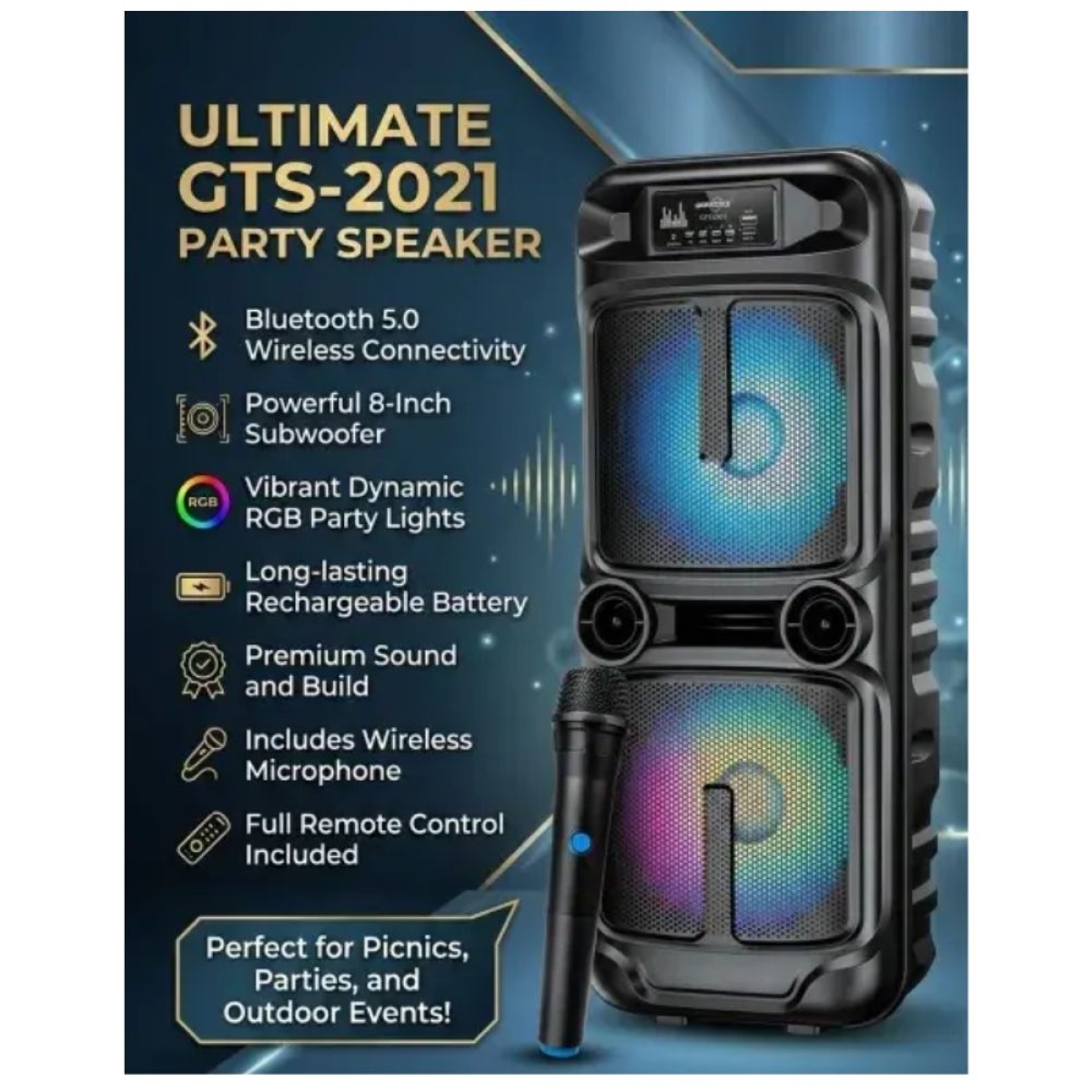 Φορητό Ηχείο Bluetooth GTS-2021 8″ με Μικρόφωνο RGB