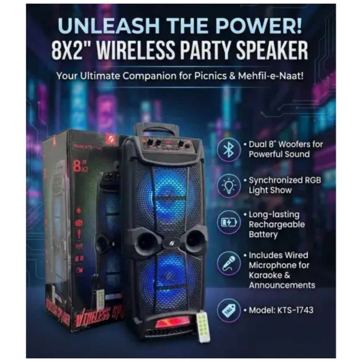 Φορητό Ηχείο Bluetooth KTS-1743 Dual 8″ με RGB