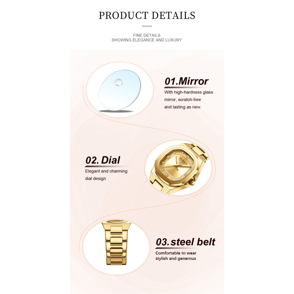 Γυναικείο Αναλογικό Ρολόι 25mm Quartz με Δίχρωμο Ατσάλινο Μπρασελέ Curren 9104-1 - Image 2