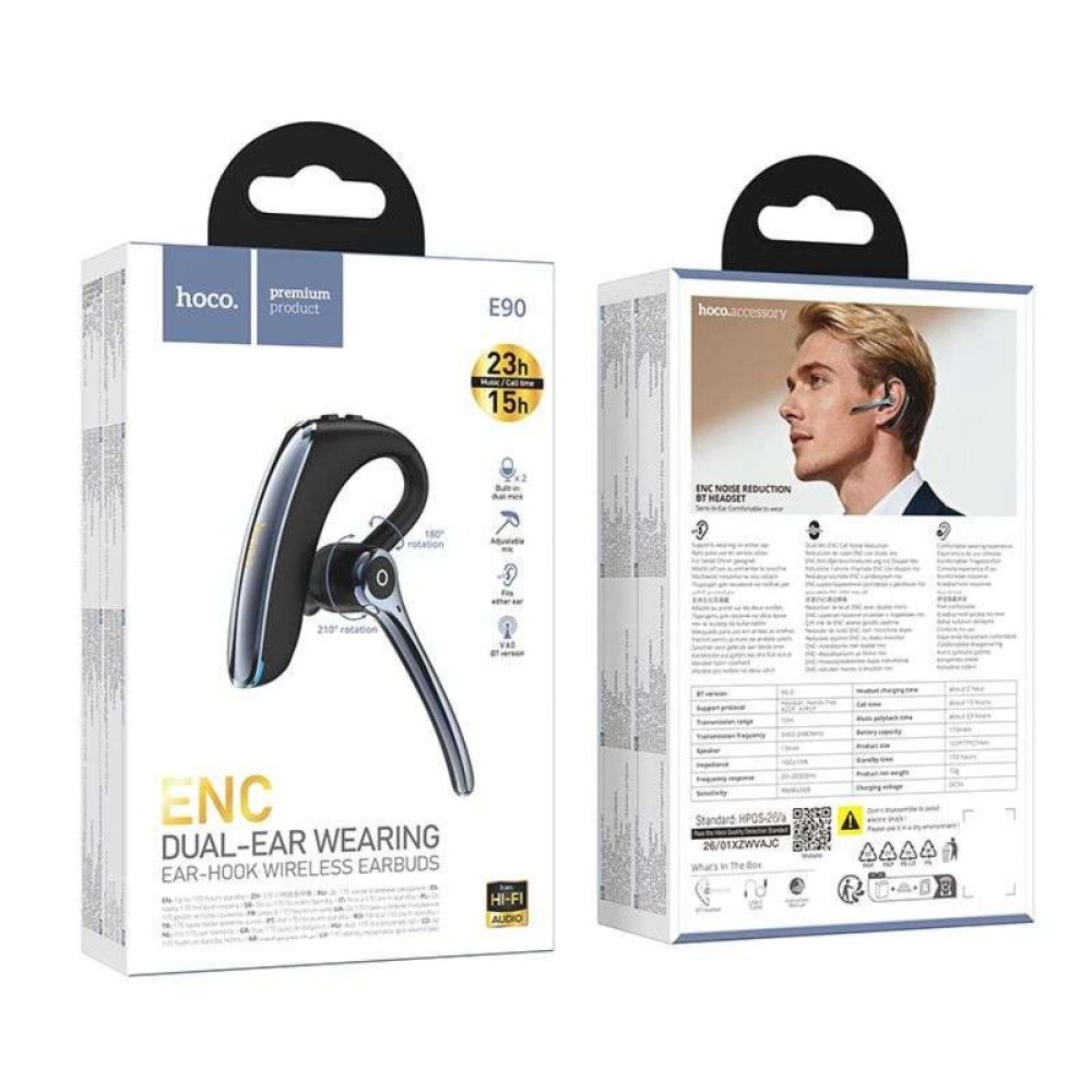 Hoco E90 - Ασύρματο In-Ear Mono Επαγγελματικό Bluetooth Headset με ENC σε Μαύρο Χρώμα