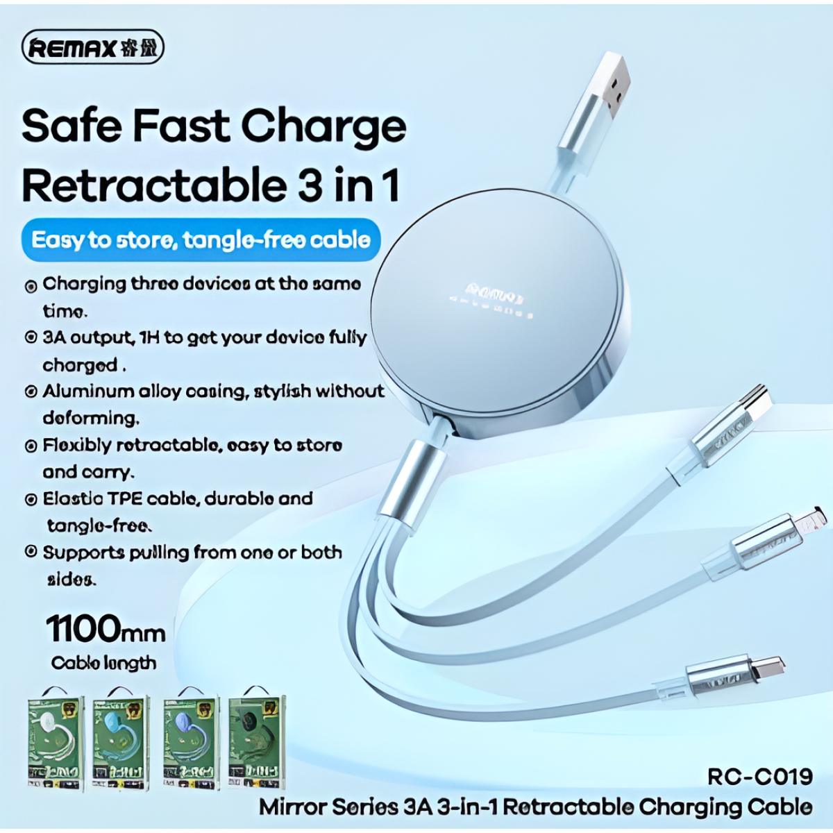 Καλώδιο Φόρτισης 3 σε 1 Lightning, Type-C & Micro USB 3A 1.1m Remax RC-C019