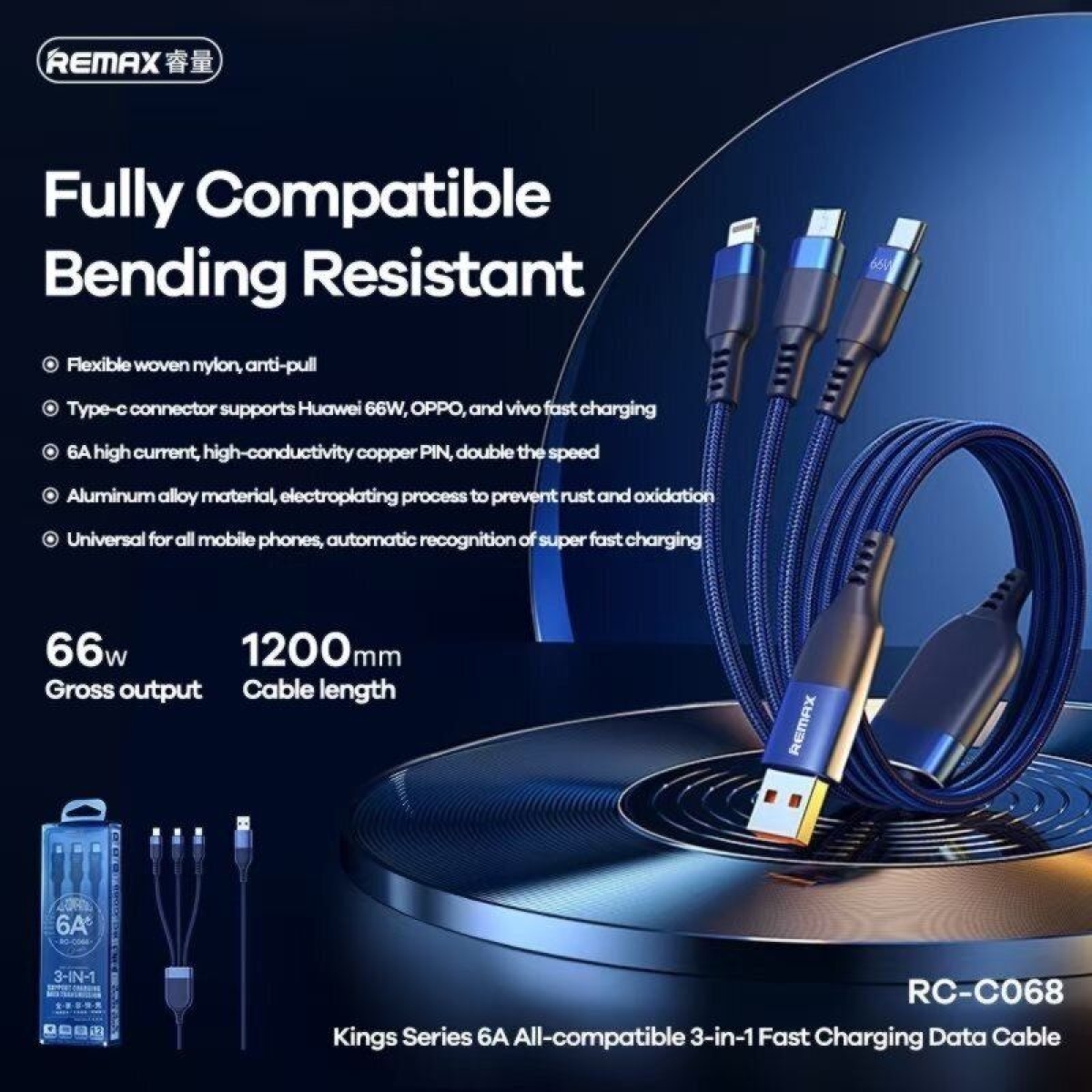 Καλώδιο Φόρτισης 3 σε 1 Lightning, Type-C & Micro USB 6A 66W Remax RC-C068 - Image 2