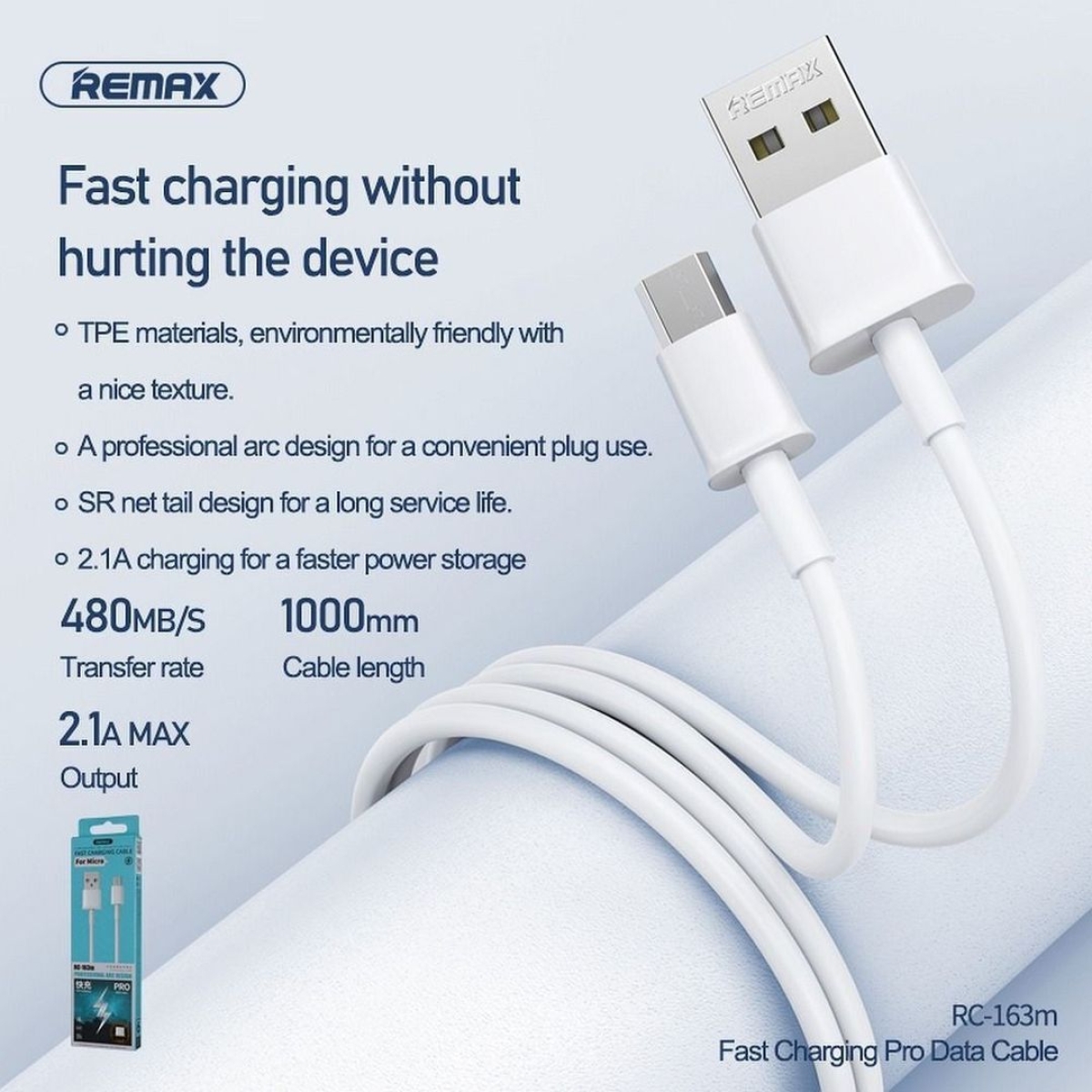 Καλώδιο Φόρτισης και Μεταφοράς Δεδομένων USB σε Micro USB 1m Remax RC-163M - Image 2