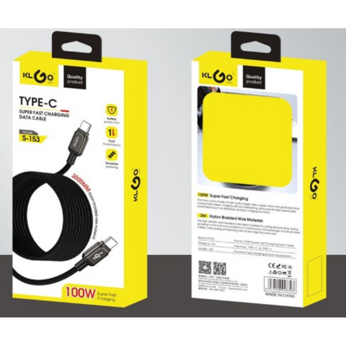 Καλώδιο Φόρτισης Type-C σε Type-C 100W 3m Μαύρο KLGO S-153
