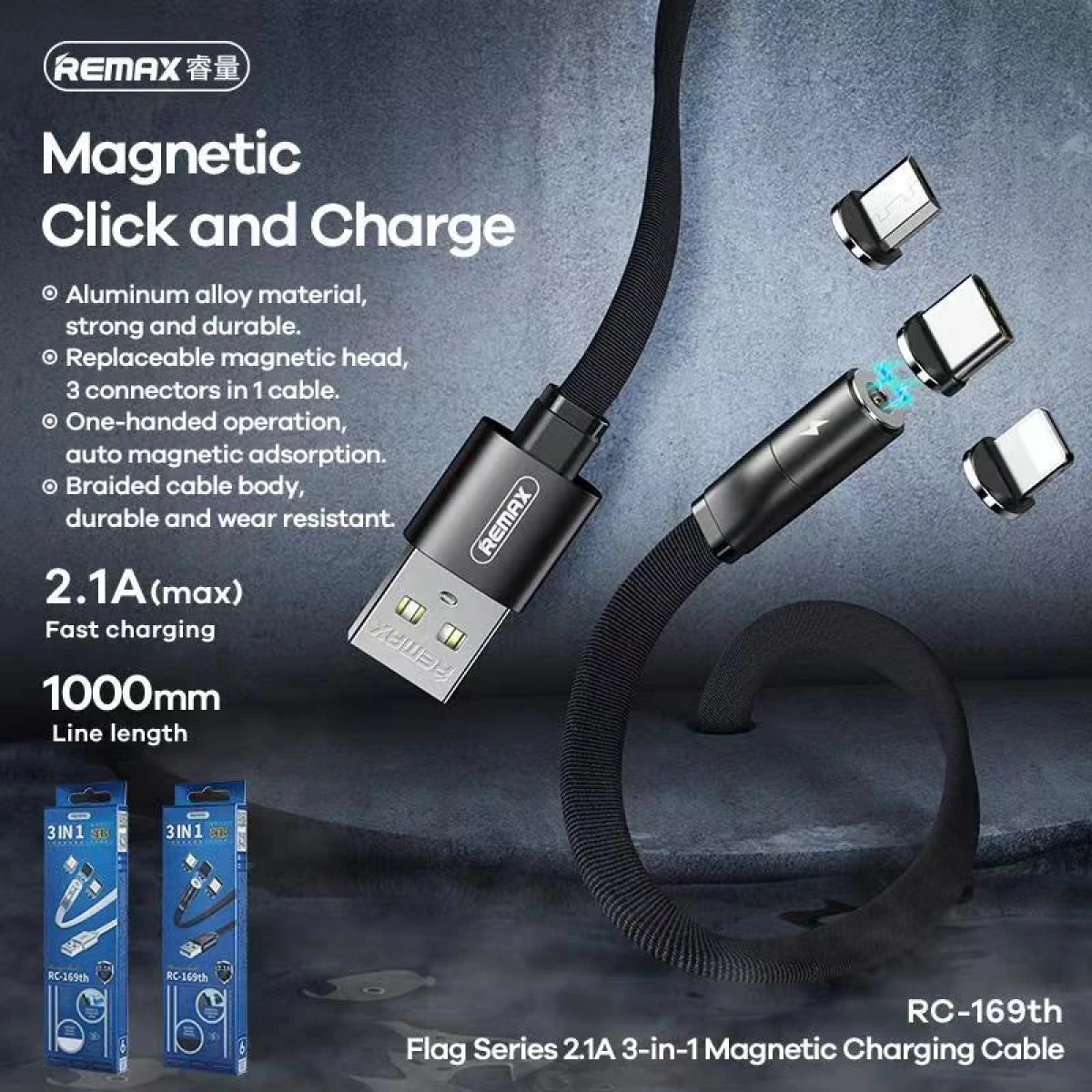 Καλώδιο Μαγνητικής Φόρτισης 3 σε 1 USB-A σε Lightning, Type-C & Micro USB 2.1A 1m Remax RC-169TH - Image 5