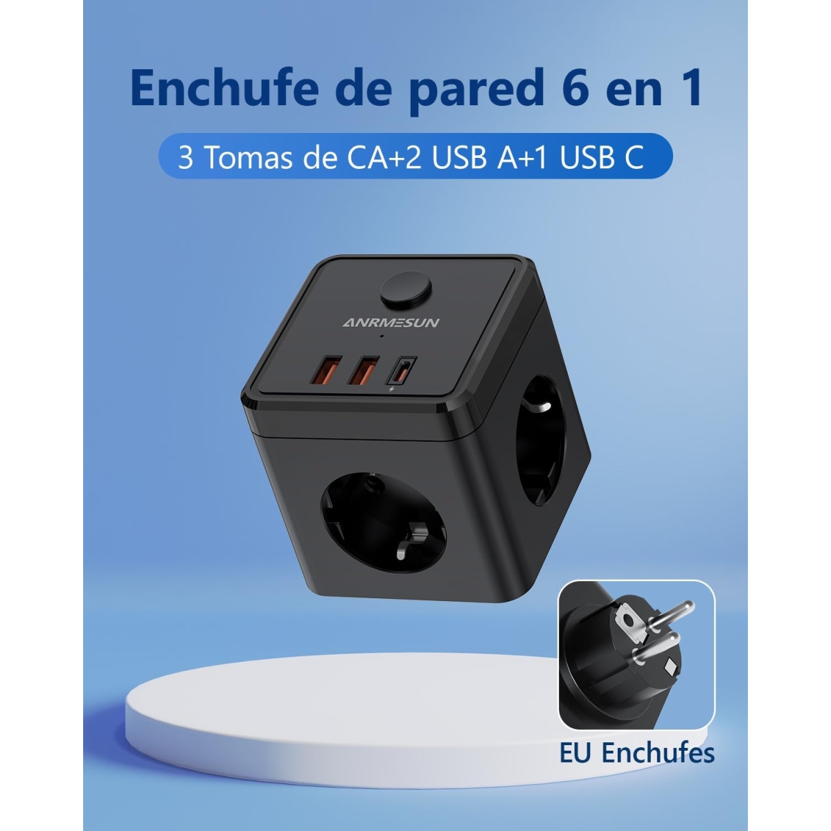 Πολύπριζο Cube 6 σε 1 με 3 Πρίζες, 2 USB-A & 1 USB-C Anrmesun AS-E3301C - Image 2
