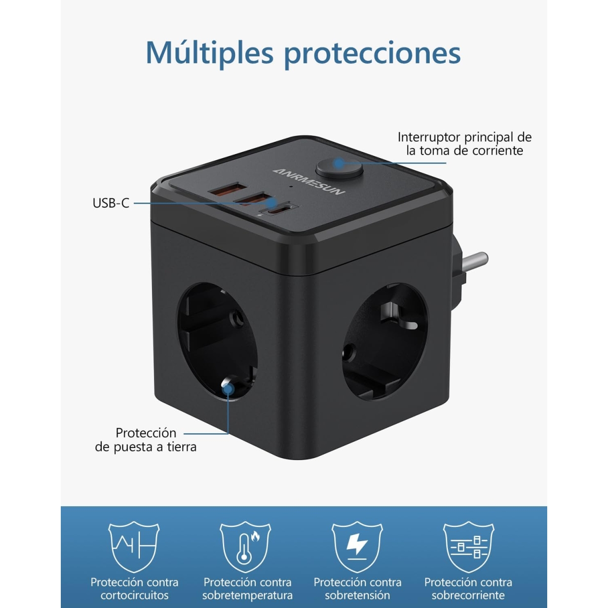 Πολύπριζο Cube 6 σε 1 με 3 Πρίζες, 2 USB-A & 1 USB-C Anrmesun AS-E3301C - Image 6