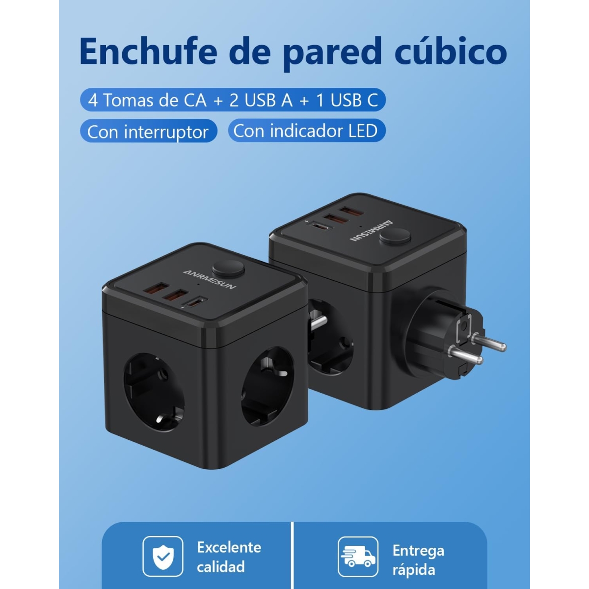 Πολύπριζο Cube 6 σε 1 με 3 Πρίζες, 2 USB-A & 1 USB-C Anrmesun AS-E3301C - Image 4