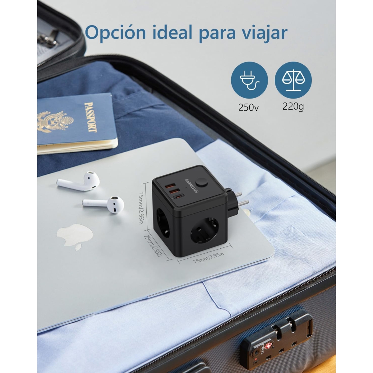 Πολύπριζο Cube 6 σε 1 με 3 Πρίζες, 2 USB-A & 1 USB-C Anrmesun AS-E3301C - Image 3