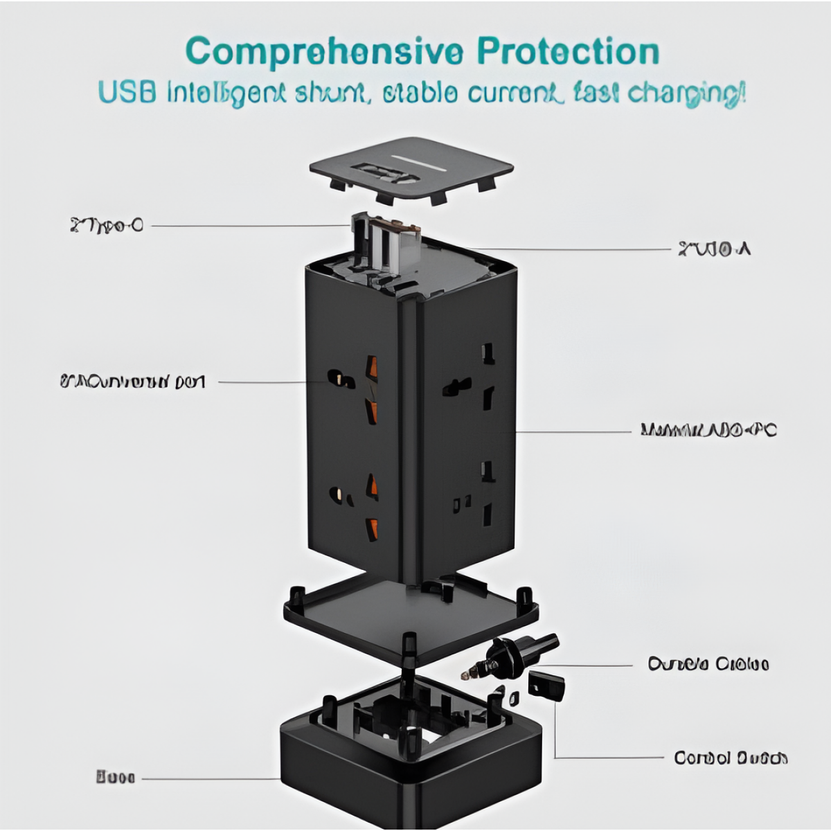 Πολύπριζο Tower 11 σε 1 2400W με 8 Πρίζες, 2 USB-A & 1 USB-C, Καλώδιο 2m Anrmesun AP-W2801C-EU - Image 3