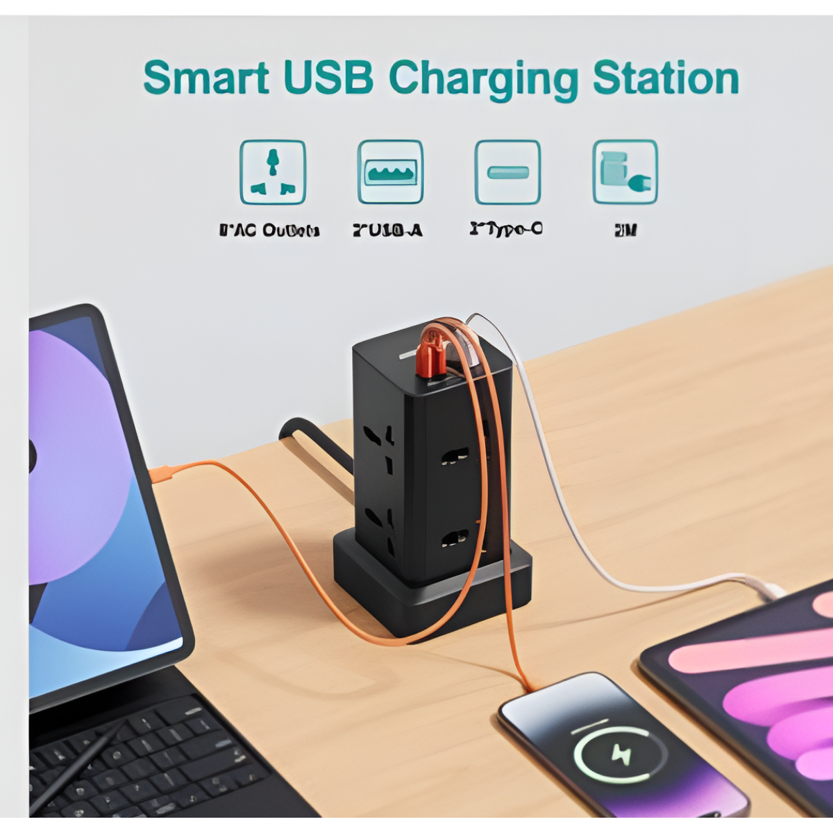 Πολύπριζο Tower 11 σε 1 2400W με 8 Πρίζες, 2 USB-A & 1 USB-C, Καλώδιο 2m Anrmesun AP-W2801C-EU - Image 4