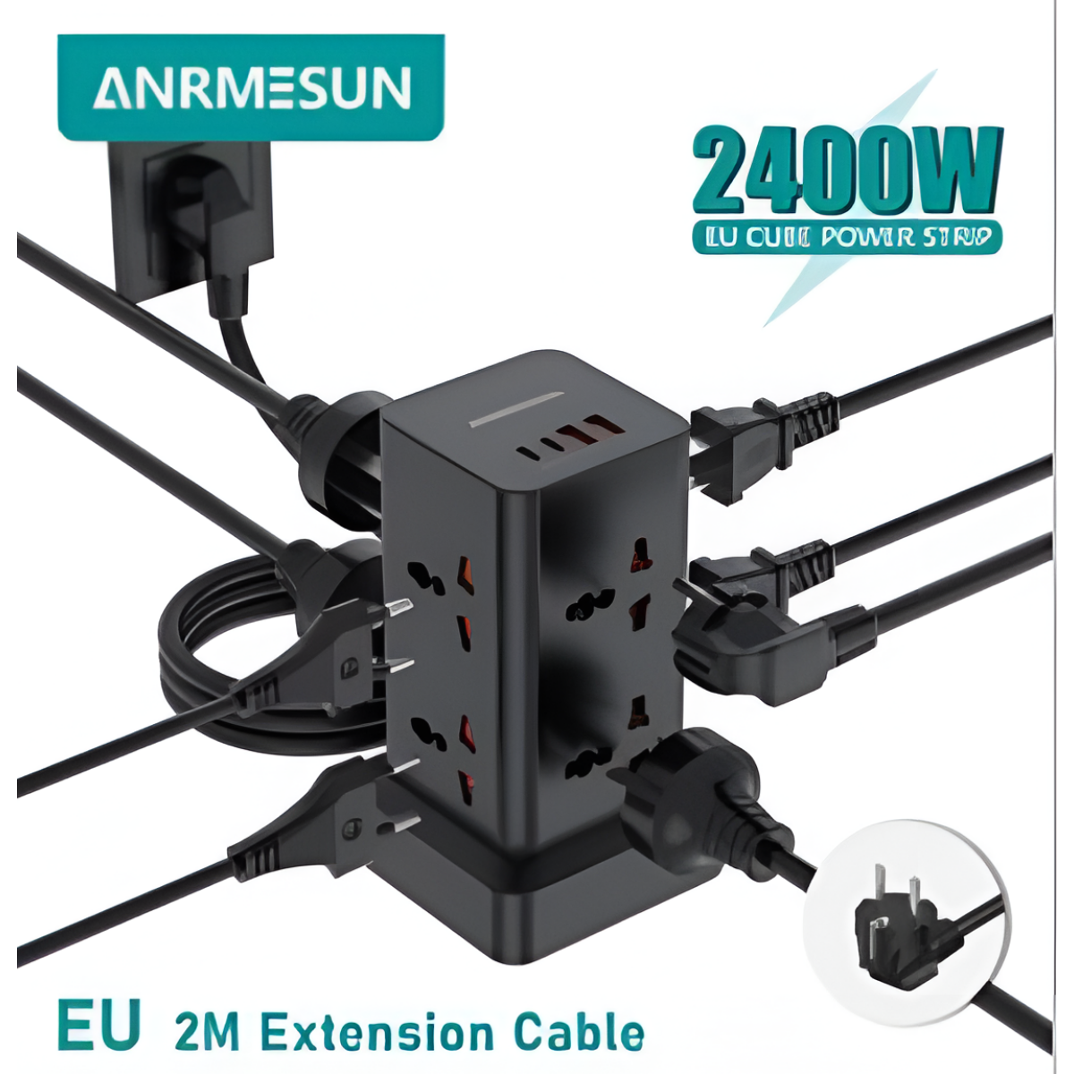 Πολύπριζο Tower 11 σε 1 2400W με 8 Πρίζες, 2 USB-A & 1 USB-C, Καλώδιο 2m Anrmesun AP-W2801C-EU - Image 5