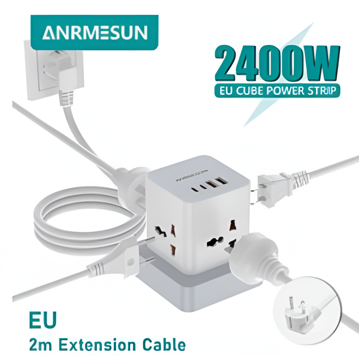 Πολύπριζο Tower 7 σε 1 2400W με 4 Πρίζες, 2 USB-A & 1 USB-C, Καλώδιο 2m Anrmesun AP-W2402C-EU - Image 2