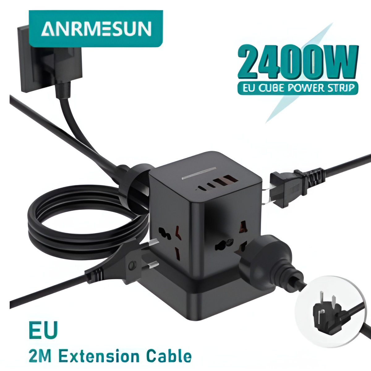 Πολύπριζο Tower 7 σε 1 2400W με 4 Πρίζες, 2 USB-A & 1 USB-C, Καλώδιο 2m Anrmesun AP-W2402C-EU - Image 4