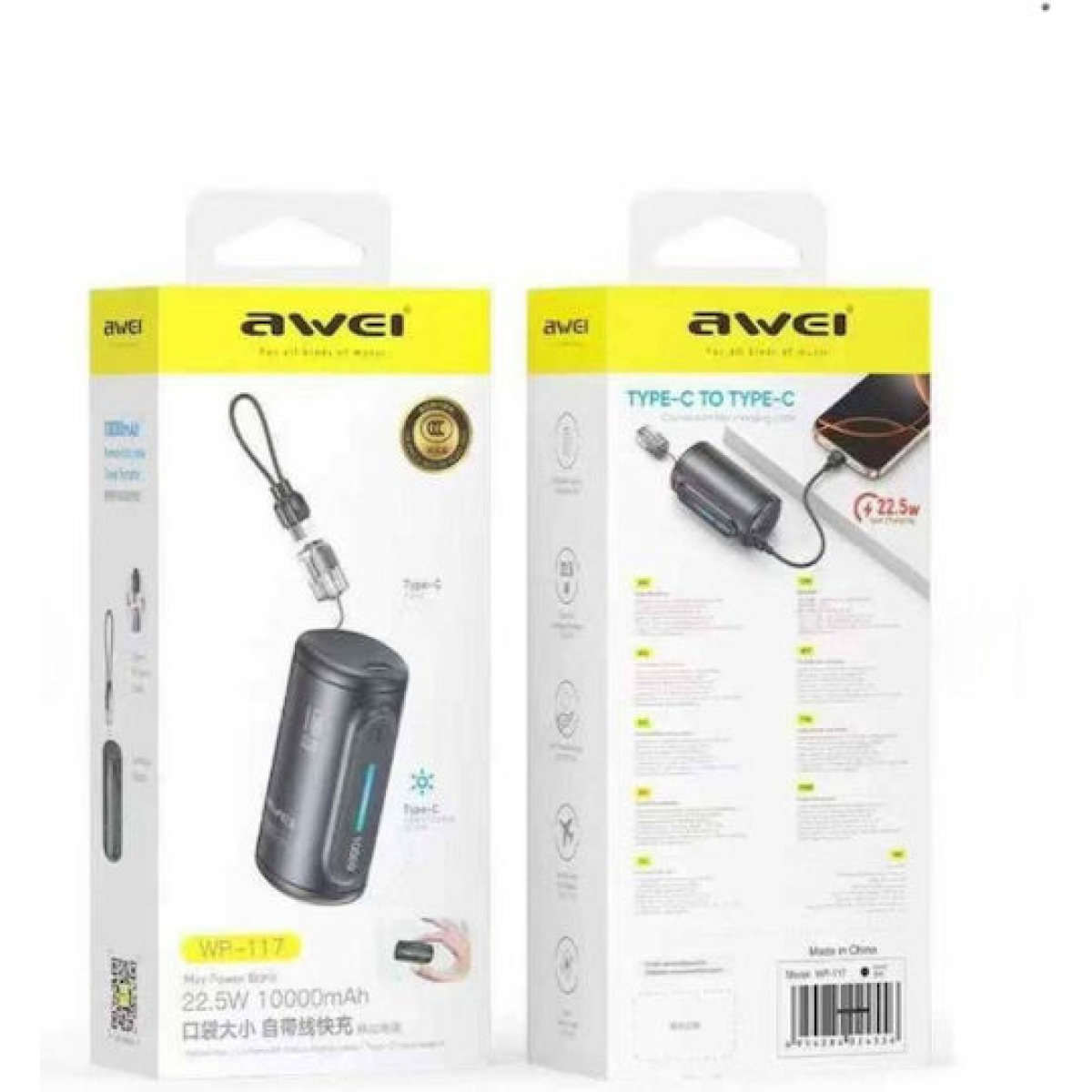 Power Bank 10000mAh 22.5W Fast Charge με Αποσπώμενο Καλώδιο Awei WP-117 - Image 2