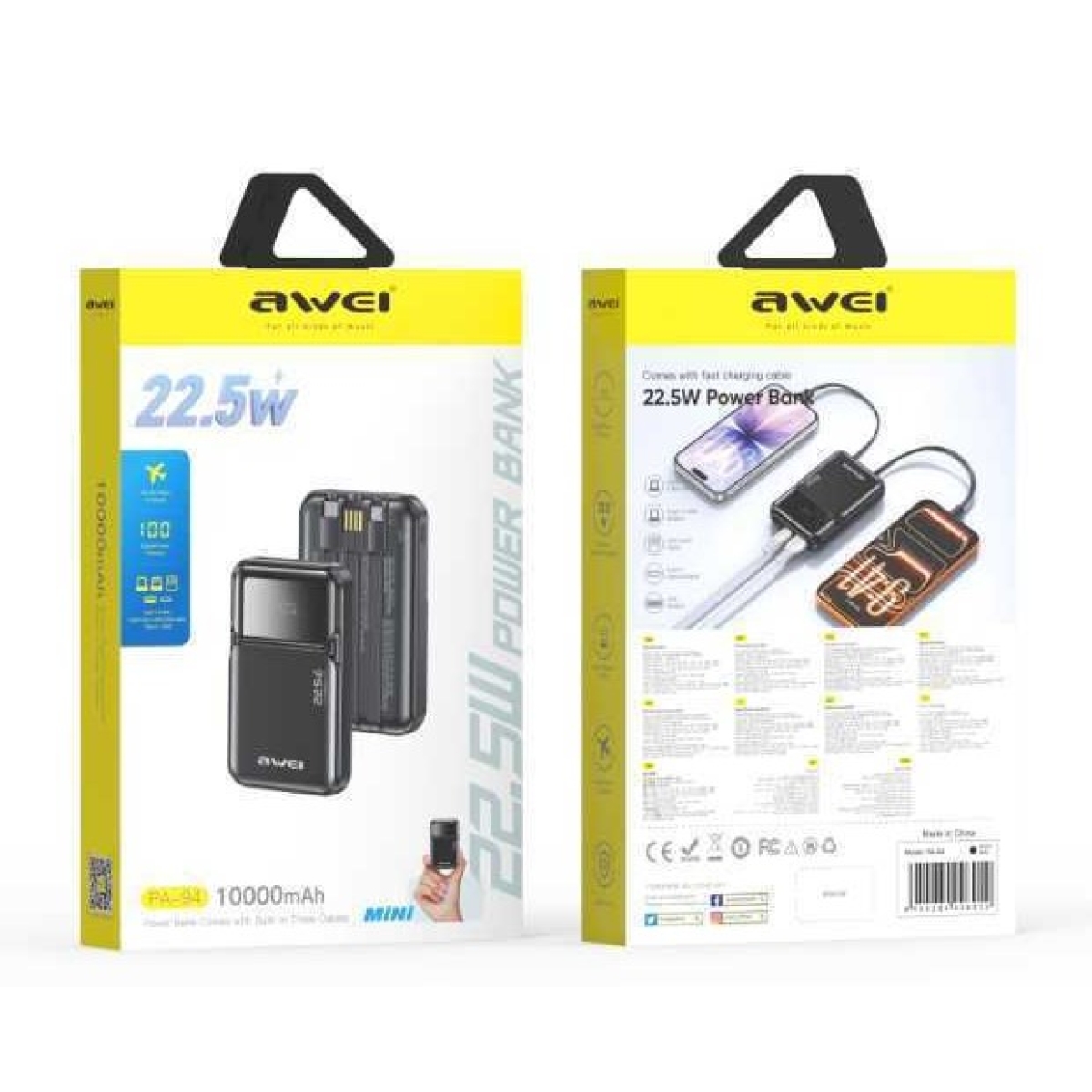 Power Bank 10000mAh 22.5W PD/QC 3in1 με Ενσωματωμένα Καλώδια Awei PA-94