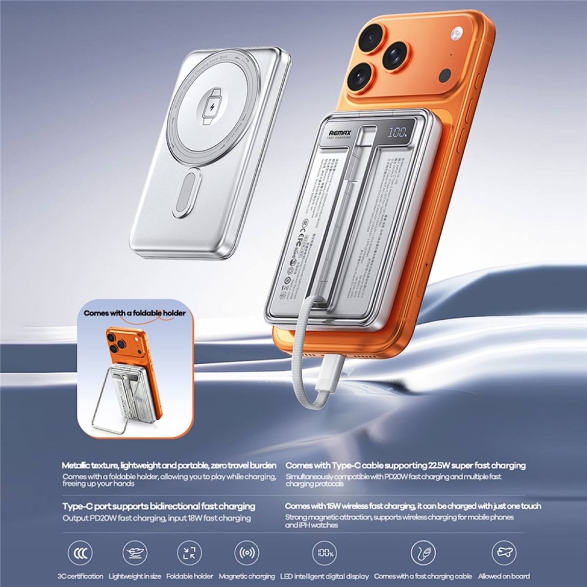 Power Bank 10000mAh με Μαγνητική Ασύρματη Φόρτιση 15W, Καλώδιο Type-C & Βάση REMAX FP-109 - Image 2