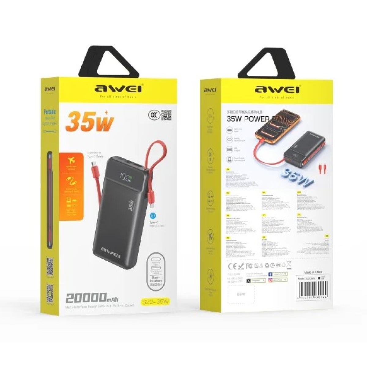 Power Bank 20000mAh 35W PD με Ενσωματωμένο Καλώδιο Type-C & Lightning AWEI S22 - Image 5