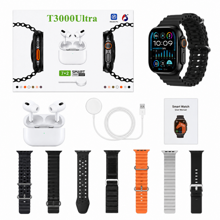 Smart Watch 7+2 σε 1 με Ακουστικά & 7 Λουράκια T3000Ultra