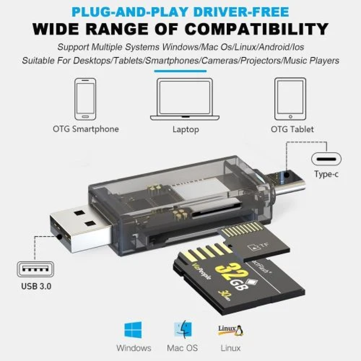 Συσκευή Ανάγνωσης Καρτών SD/TF MicroSD OTG 4 σε 1 USB, Type-C, Micro-USB & Lightning Go-Des GD-DK006 - Image 7