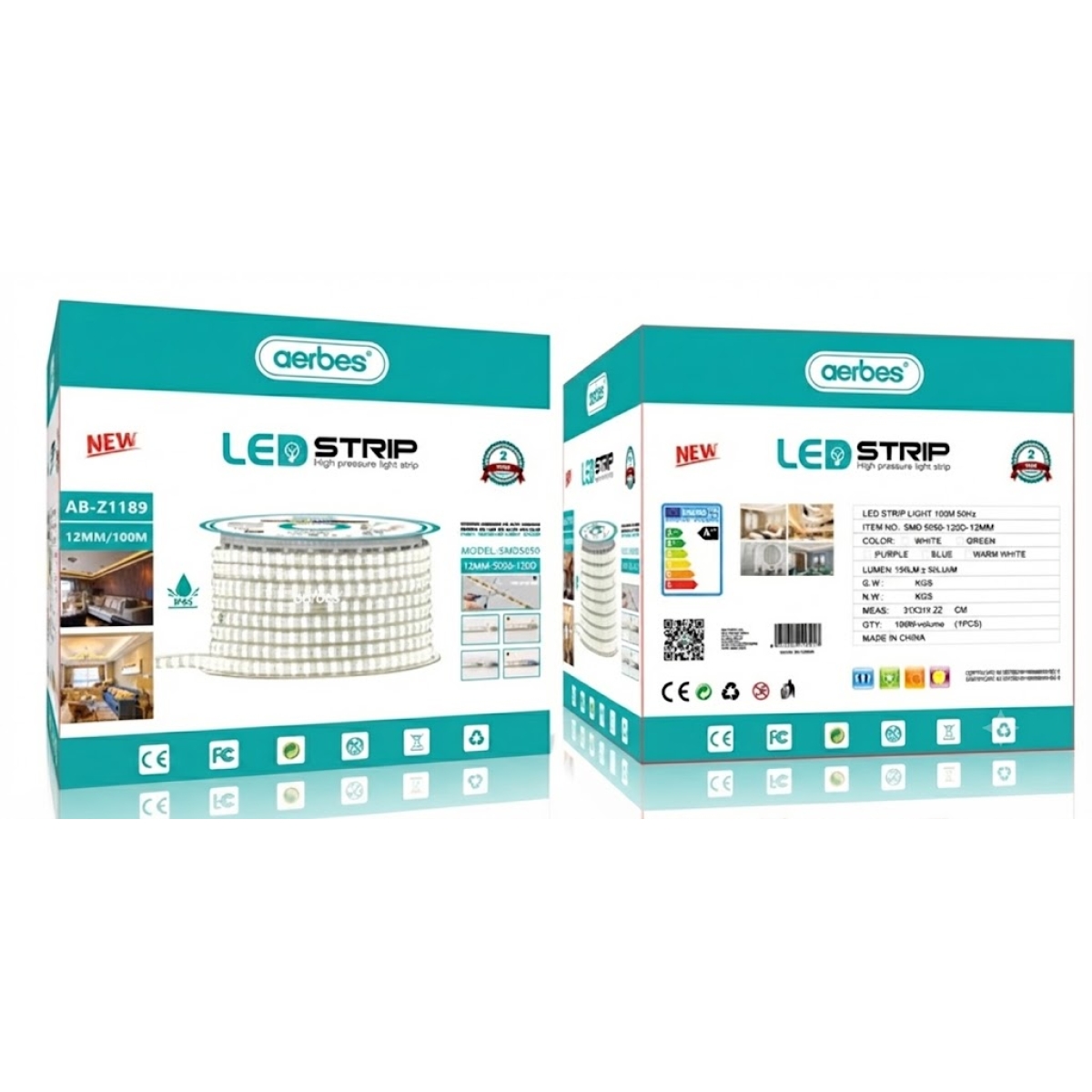 Ταινία LED 5050 220V 100m 12mm Ψυχρό Λευκό 6500K Aerbes AB-Z1189