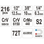 ΥΑΤΟ YT-38841 Καρυδάκια Κασετίνα Με Καστάνια Σετ 216 Τμχ 1/2"-1/4"-3/8" - Image 2
