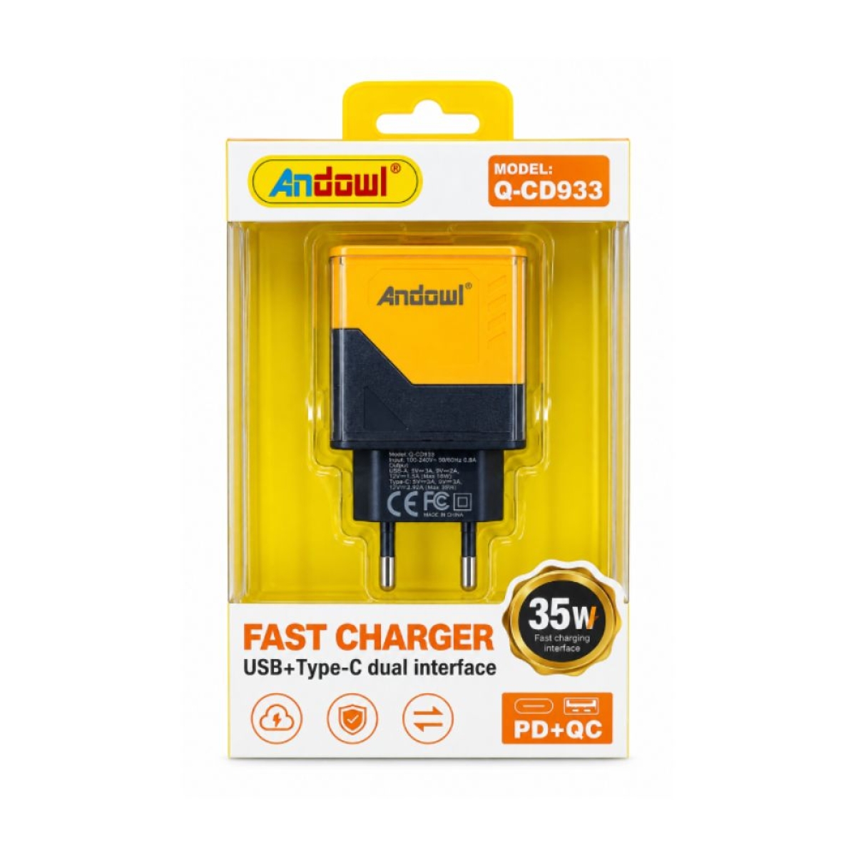 Andowl Φορτιστής Τοίχου 35W PD & QC με USB και Type-C Q-CD933