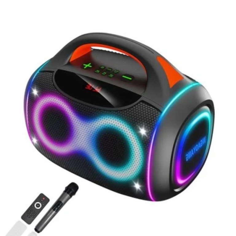 Ασύρματο διπλό ηχείο Bluetooth καραόκε 50W 2×4″, με ασύρματο μικρόφωνο, τηλεχειριστήριο και πολύχρωμο φωτισμό WGY-4402