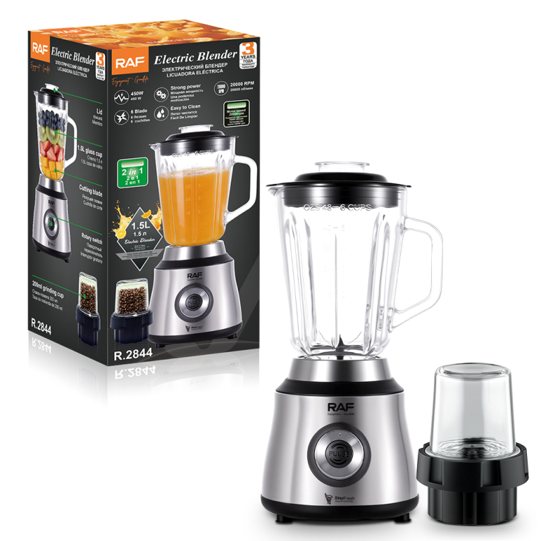Μπλέντερ 2 σε 1 με Μύλο 450W, Γυάλινη Κανάτα 1,5L & 6 Ανοξείδωτες Λεπίδες – RAF R.2844