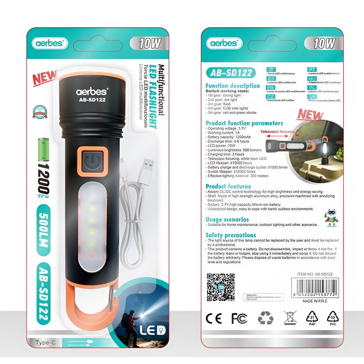 Επαναφορτιζόμενος Φακός LED 10W 1200mAh 500lm Type-C Aerbes AB-SD122