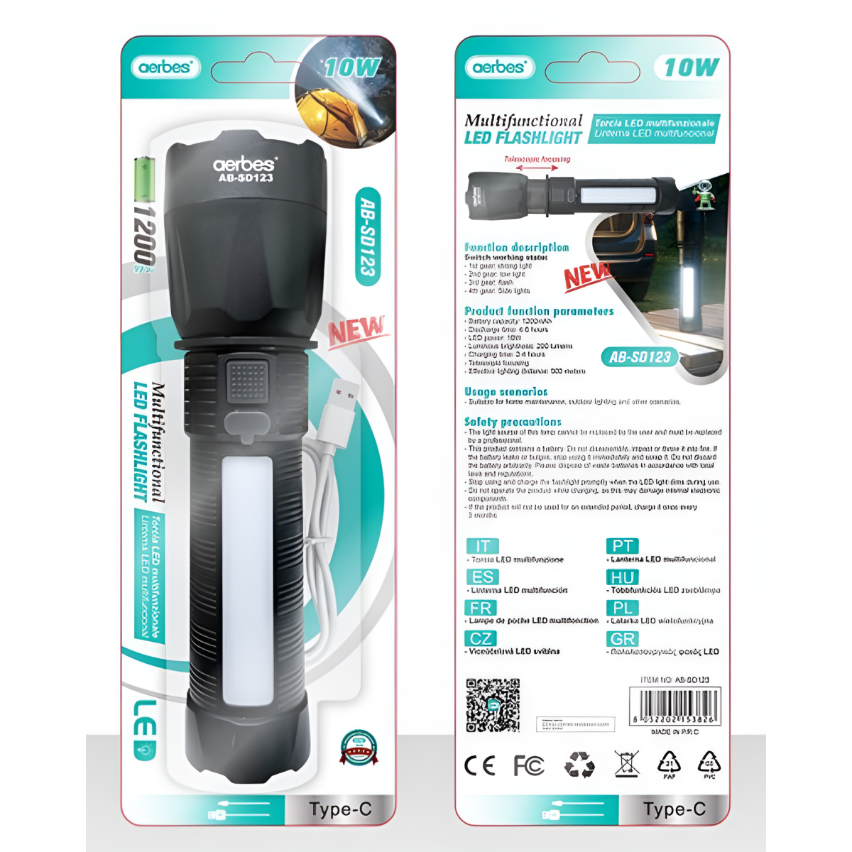 Επαναφορτιζόμενος Φακός LED 10W 1200mAh Type-C Aerbes AB-SD123