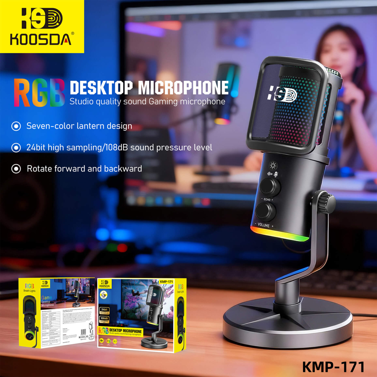 Επιτραπέζιο Πυκνωτικό Μικρόφωνο USB-C με RGB Φωτισμό & Θύρα Ακουστικών Koosda KMP-171 - Image 4