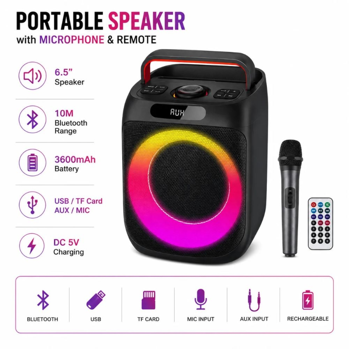 Φορητό Ηχείο Bluetooth 6.5″ με Μικρόφωνο & Τηλεχειριστήριο DR-606