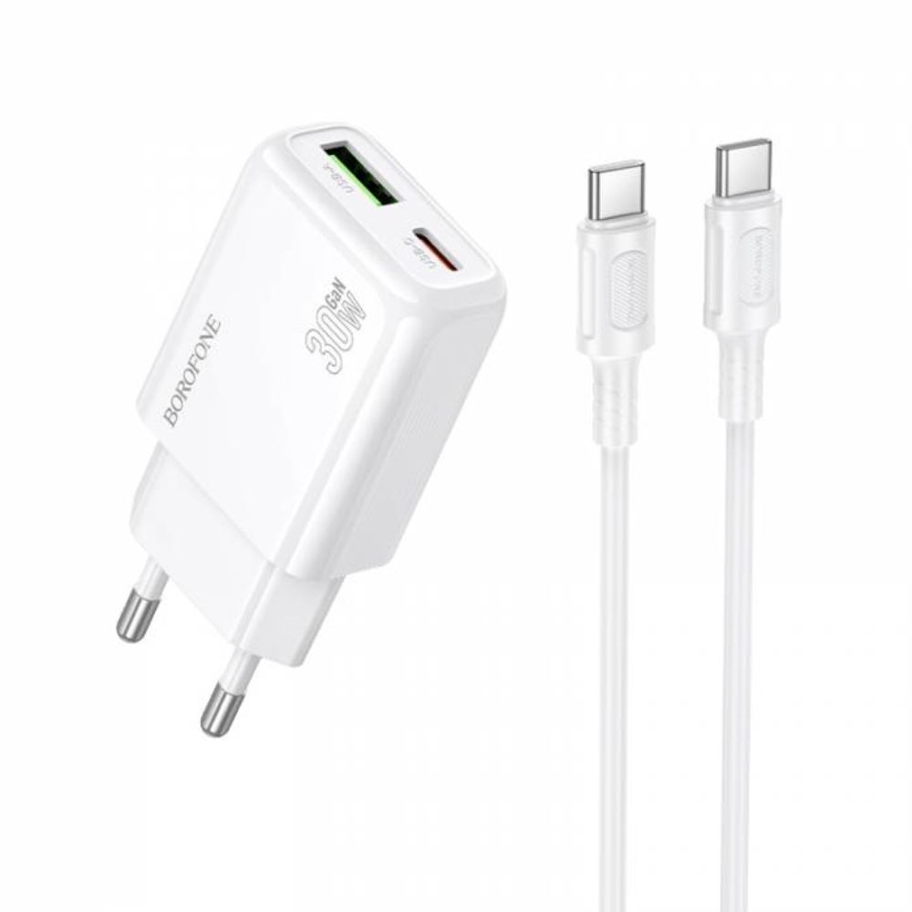 Φορτιστής Γρήγορης Φόρτισης 30W GaN με Θύρες USB-A/Type-C και Καλώδιο Type-C σε Type-C 1m Λευκός BAS93A Borofone