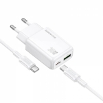 Φορτιστής Γρήγορης Φόρτισης 30W GaN με Θύρες USB-A/Type-C και Καλώδιο Type-C σε Type-C 1m Λευκός BAS93A Borofone