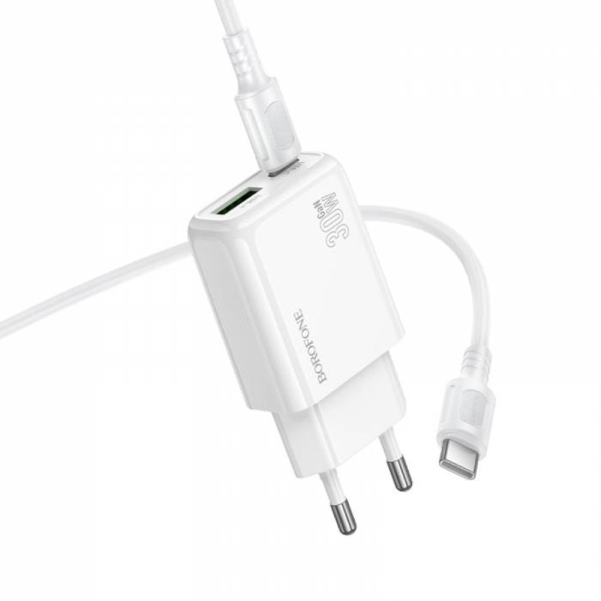 Φορτιστής Γρήγορης Φόρτισης 30W GaN με Θύρες USB-A/Type-C και Καλώδιο Type-C σε Type-C 1m Λευκός BAS93A Borofone