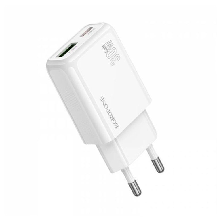 Φορτιστής Γρήγορης Φόρτισης 30W GaN με Θύρες USB-A/Type-C Λευκός BAS93A Borofone