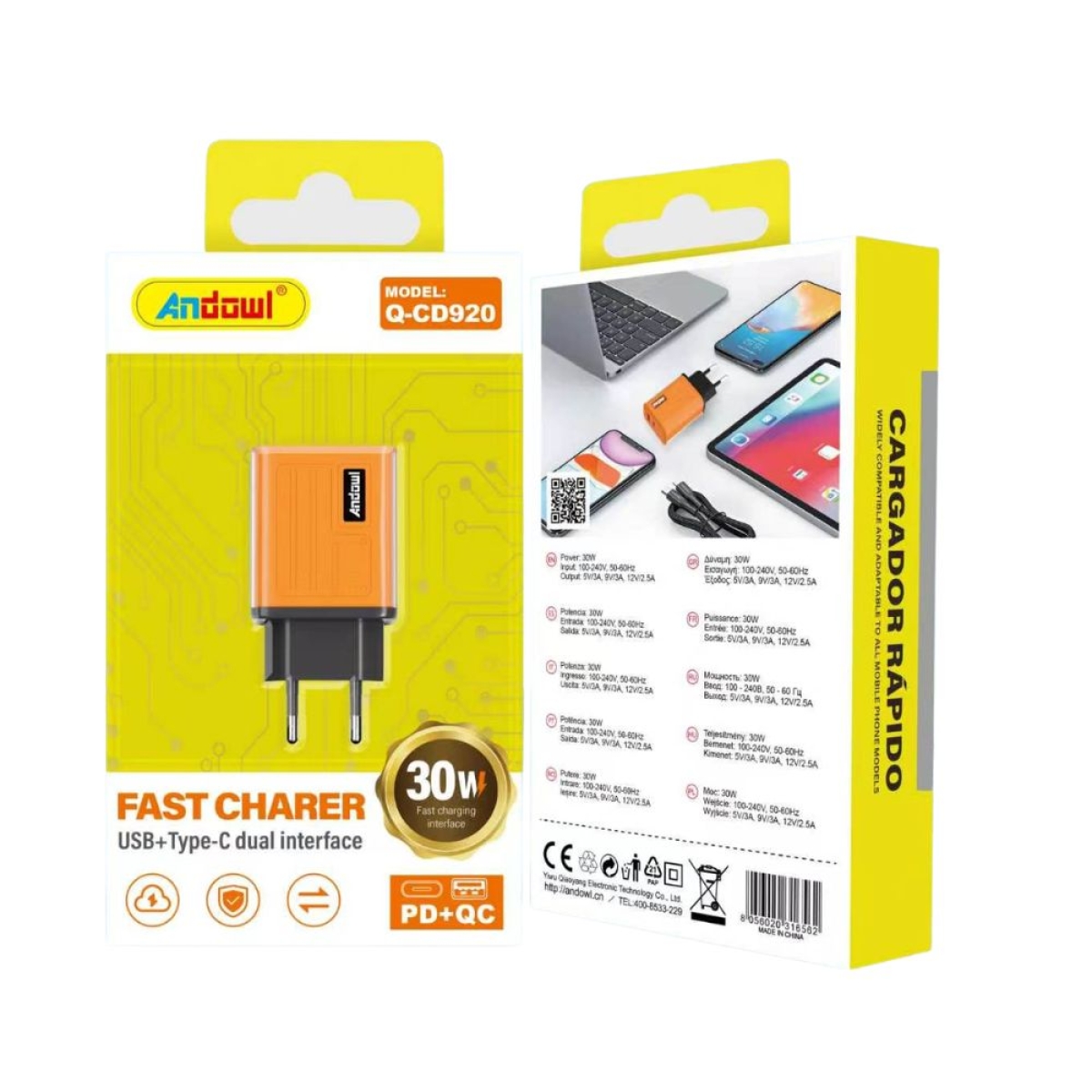 Φορτιστής Πρίζας Andowl Q-CD920 30W USB-A και USB-C PD QC