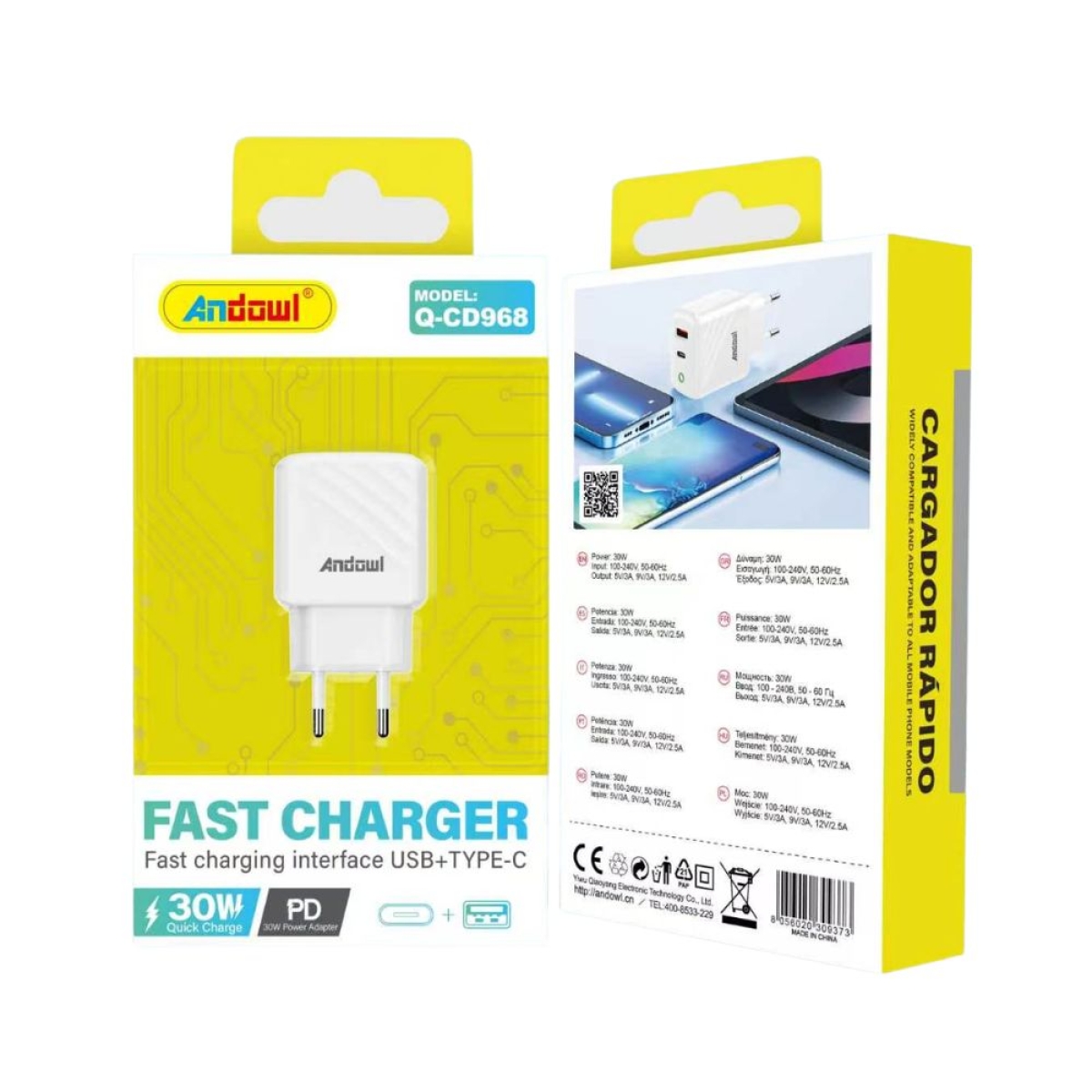 Φορτιστής Ταξιδίου 30W Andowl Q-CD968 USB-C PD