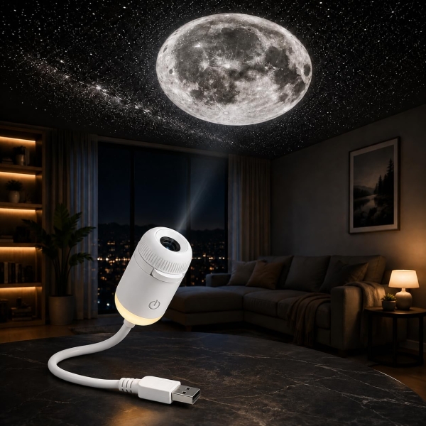Galaxy Projector LED 2 σε 1 με Προβολή Σελήνης & Φωτισμό Νυκτός USB 360°