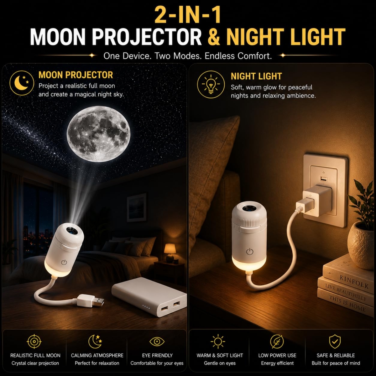 Galaxy Projector LED 2 σε 1 με Προβολή Σελήνης & Φωτισμό Νυκτός USB 360° - Image 2