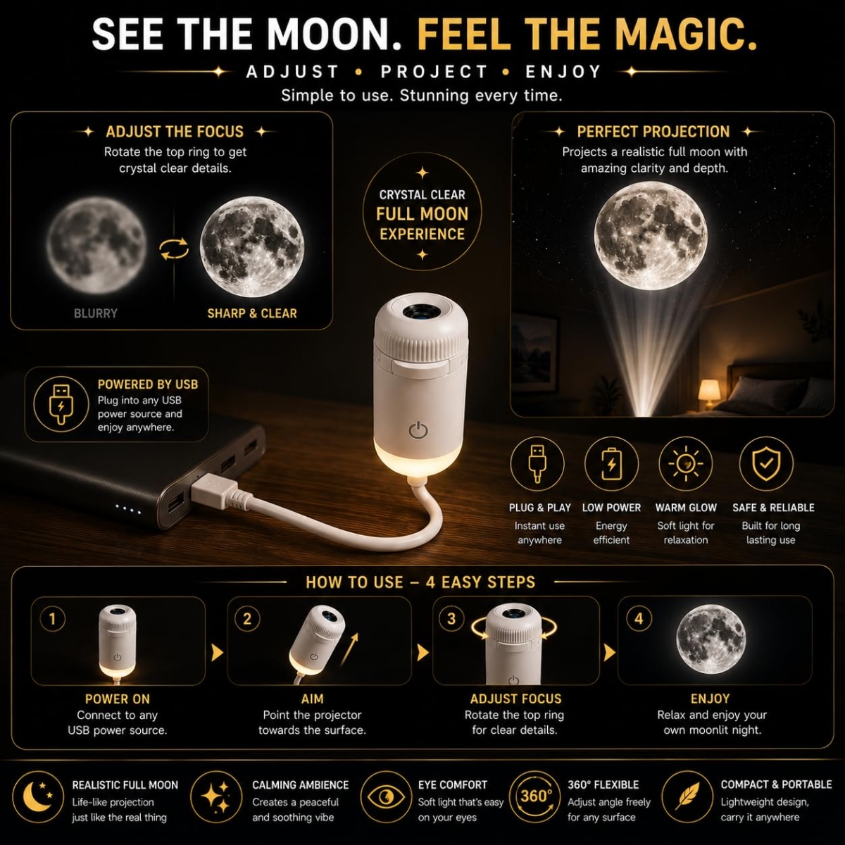 Galaxy Projector LED 2 σε 1 με Προβολή Σελήνης & Φωτισμό Νυκτός USB 360° - Image 6