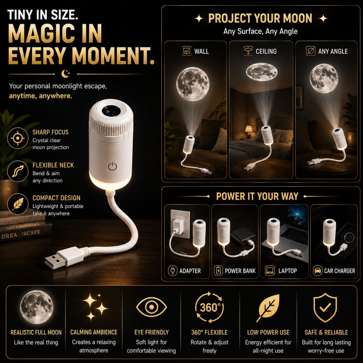 Galaxy Projector LED 2 σε 1 με Προβολή Σελήνης & Φωτισμό Νυκτός USB 360° - Image 5