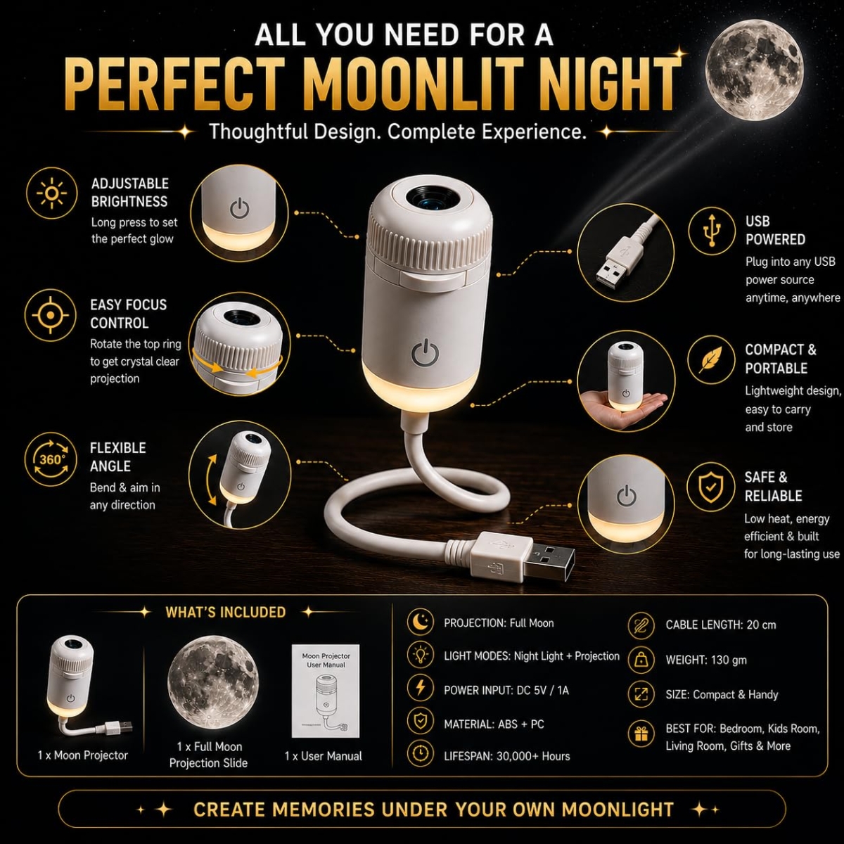 Galaxy Projector LED 2 σε 1 με Προβολή Σελήνης & Φωτισμό Νυκτός USB 360° - Image 7
