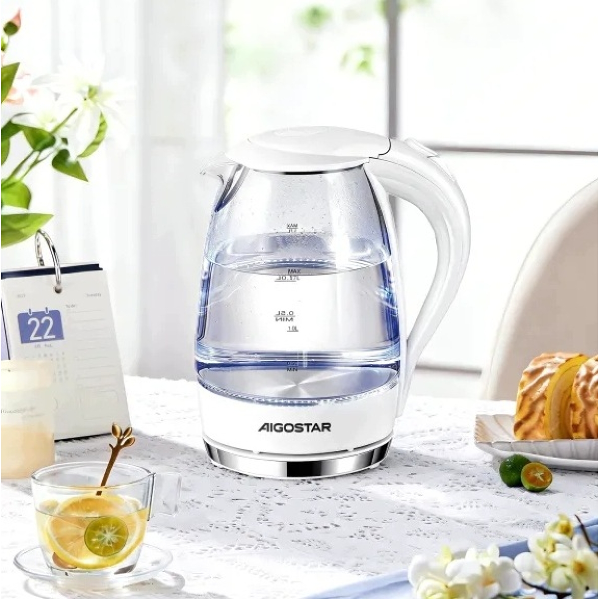 Γυάλινος Ηλεκτρικός Βραστήρας 1.7L 2200W με LED Aigostar - Image 8